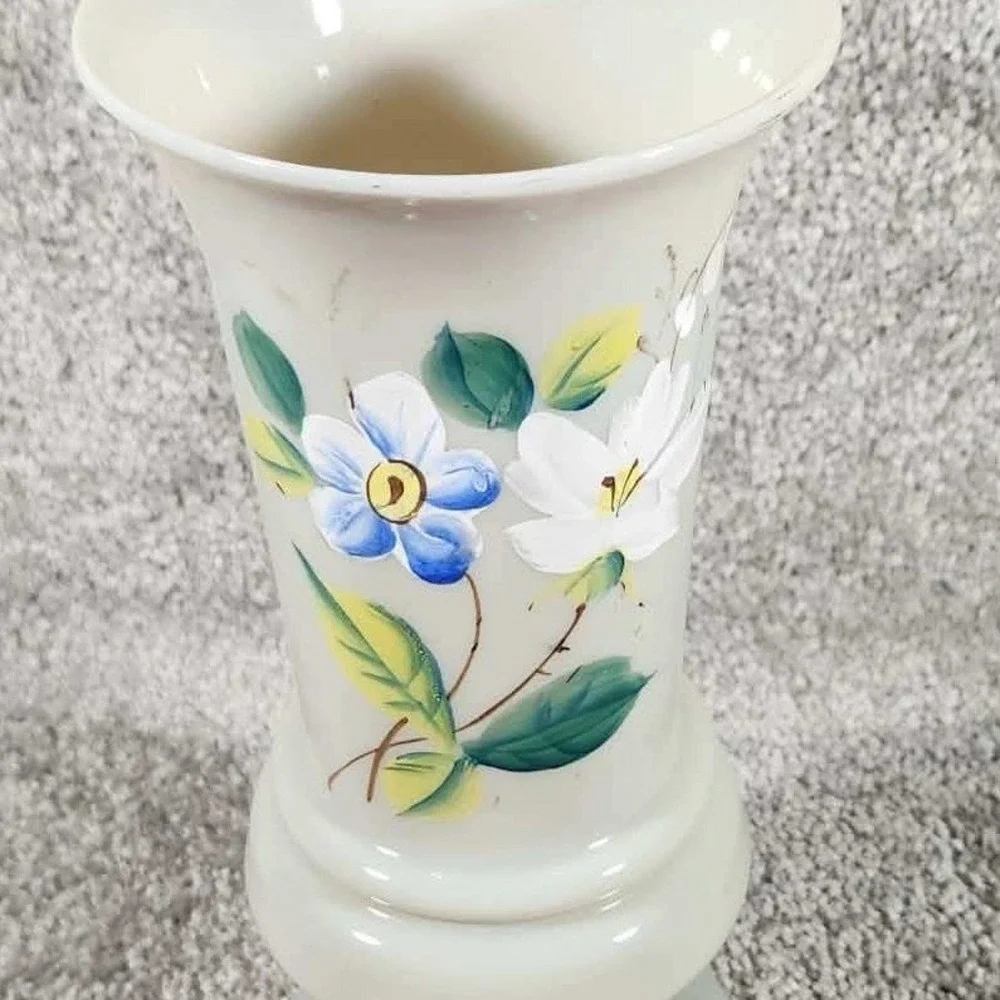 Vase White Floral Hand Painted Glass - Mid Century‎ Modern